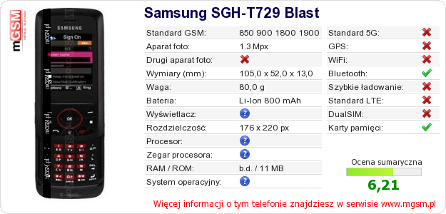 Dane telefonu Samsung SGH-T729 Blast