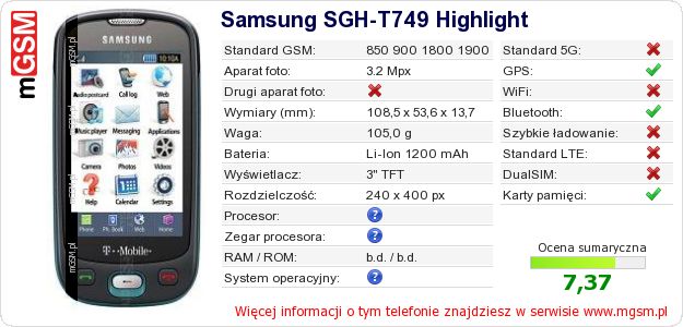 Dane telefonu Samsung SGH-T749 Highlight Dane telefonu Samsung SGH-T749 Highlight