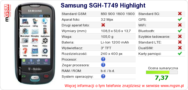 Dane telefonu Samsung SGH-T749 Highlight