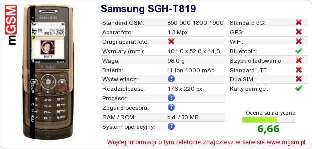 Dane telefonu Samsung SGH-T819 Dane telefonu Samsung SGH-T819