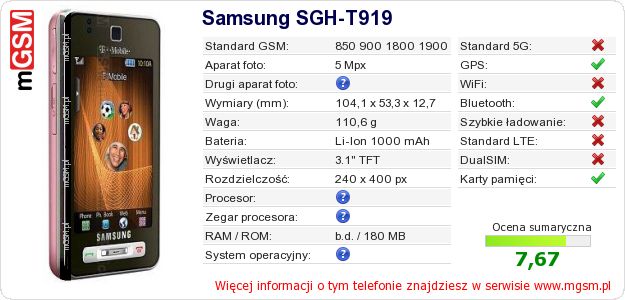 Dane telefonu Samsung SGH-T919 Dane telefonu Samsung SGH-T919