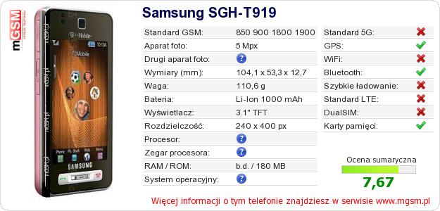Dane telefonu Samsung SGH-T919 Dane telefonu Samsung SGH-T919