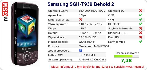 Dane telefonu Samsung SGH-T939 Behold 2 Dane telefonu Samsung SGH-T939 Behold 2