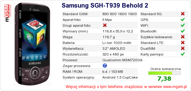 Dane telefonu Samsung SGH-T939 Behold 2