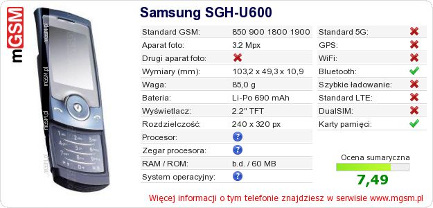Dane telefonu Samsung SGH-U600 Dane telefonu Samsung SGH-U600