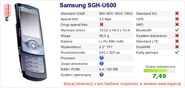 Dane telefonu Samsung SGH-U600 Dane telefonu Samsung SGH-U600