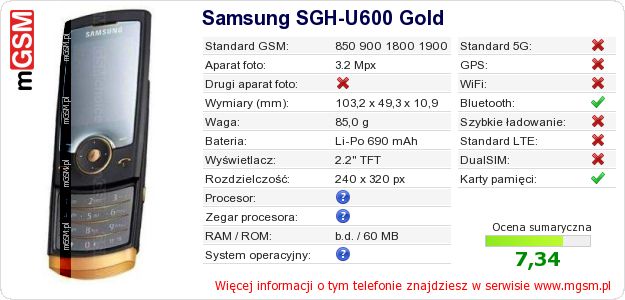 Dane telefonu Samsung SGH-U600 Gold Dane telefonu Samsung SGH-U600 Gold