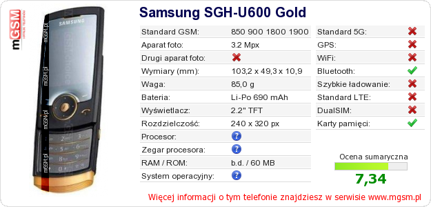 Dane telefonu Samsung SGH-U600 Gold Dane telefonu Samsung SGH-U600 Gold