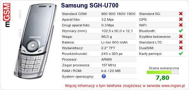 Dane telefonu Samsung SGH-U700 Dane telefonu Samsung SGH-U700
