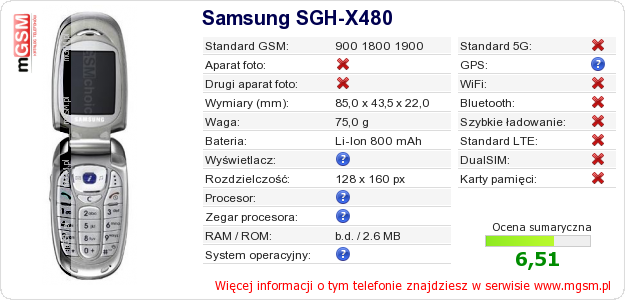 Dane telefonu Samsung SGH-X480