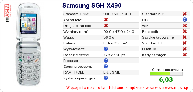 Dane telefonu Samsung SGH-X490