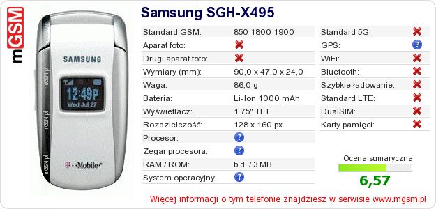 Dane telefonu Samsung SGH-X495 Dane telefonu Samsung SGH-X495