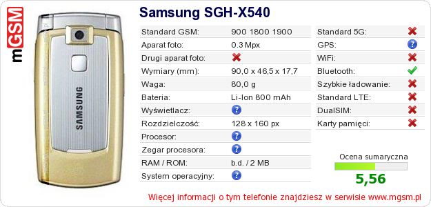 Dane telefonu Samsung SGH-X540 Dane telefonu Samsung SGH-X540