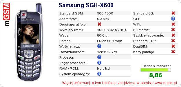 Dane telefonu Samsung SGH-X600 Dane telefonu Samsung SGH-X600