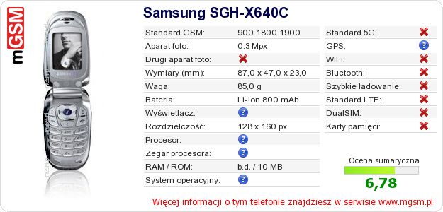 Dane telefonu Samsung SGH-X640C Dane telefonu Samsung SGH-X640C