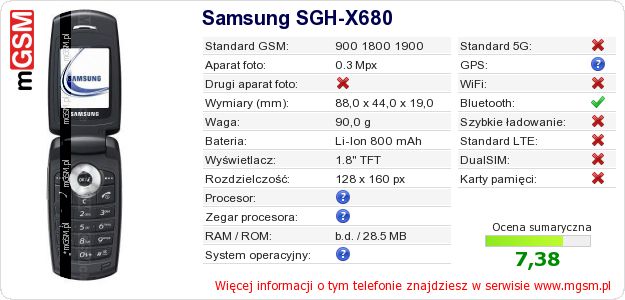 Dane telefonu Samsung SGH-X680 Dane telefonu Samsung SGH-X680