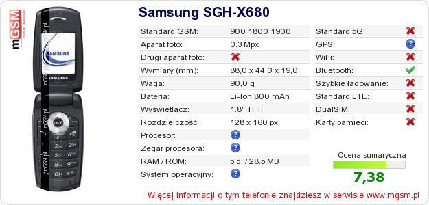 Dane telefonu Samsung SGH-X680 Dane telefonu Samsung SGH-X680