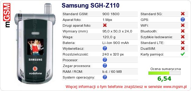 Dane telefonu Samsung SGH-Z110 Dane telefonu Samsung SGH-Z110