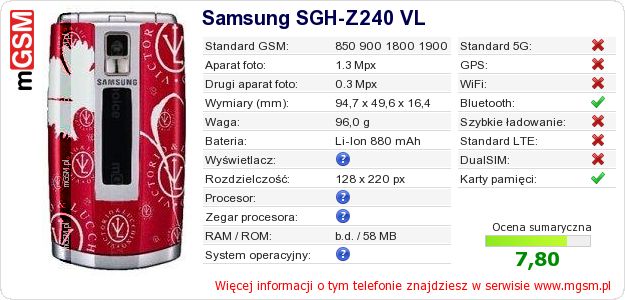 Dane telefonu Samsung SGH-Z240 VL Dane telefonu Samsung SGH-Z240 VL