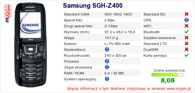 Dane telefonu Samsung SGH-Z400 Dane telefonu Samsung SGH-Z400
