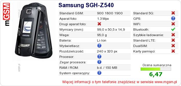 Dane telefonu Samsung SGH-Z540 Dane telefonu Samsung SGH-Z540