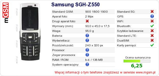 Dane telefonu Samsung SGH-Z550 Dane telefonu Samsung SGH-Z550