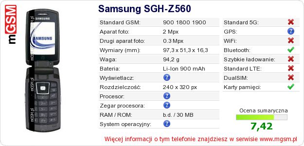 Dane telefonu Samsung SGH-Z560