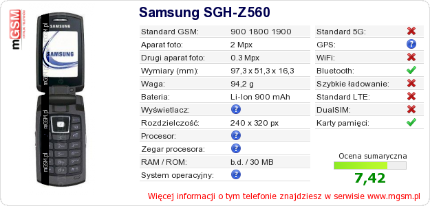 Dane telefonu Samsung SGH-Z560