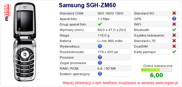 Dane telefonu Samsung SGH-ZM60