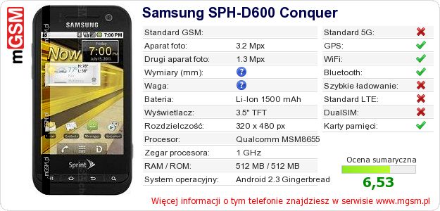 Dane telefonu Samsung SPH-D600 Conquer Dane telefonu Samsung SPH-D600 Conquer