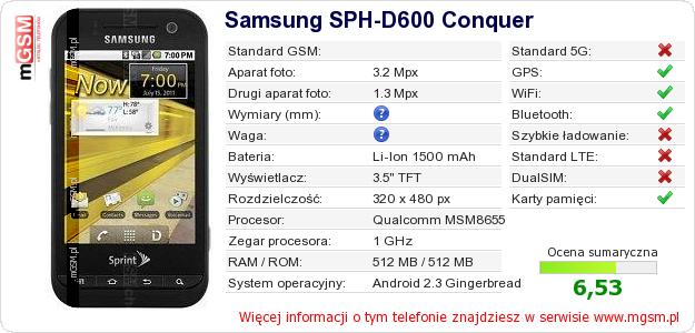 Dane telefonu Samsung SPH-D600 Conquer