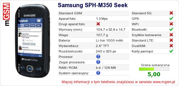 Dane telefonu Samsung SPH-M350 Seek Dane telefonu Samsung SPH-M350 Seek