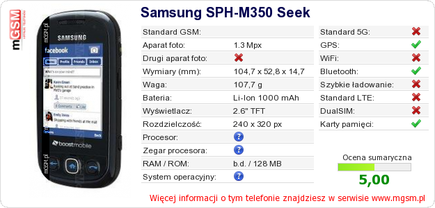 Dane telefonu Samsung SPH-M350 Seek