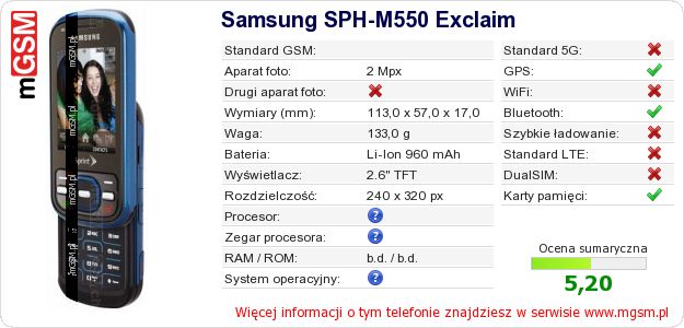 Dane telefonu Samsung SPH-M550 Exclaim