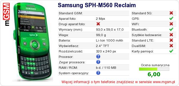 Dane telefonu Samsung SPH-M560 Reclaim Dane telefonu Samsung SPH-M560 Reclaim