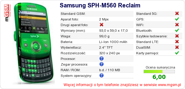 Dane telefonu Samsung SPH-M560 Reclaim