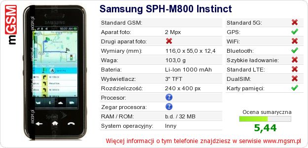 Dane telefonu Samsung SPH-M800 Instinct Dane telefonu Samsung SPH-M800 Instinct