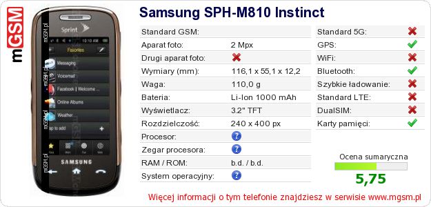 Dane telefonu Samsung SPH-M810 Instinct
