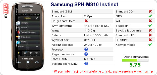 Dane telefonu Samsung SPH-M810 Instinct