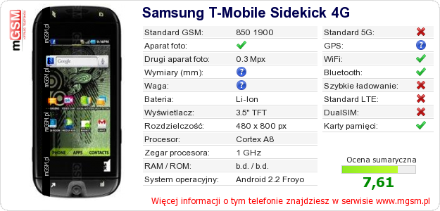 Dane telefonu Samsung T-Mobile Sidekick 4G