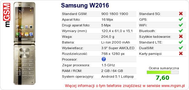 Dane telefonu Samsung W2016 Dane telefonu Samsung W2016