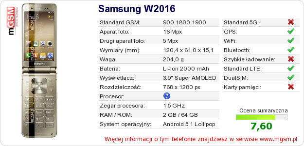 Dane telefonu Samsung W2016 Dane telefonu Samsung W2016