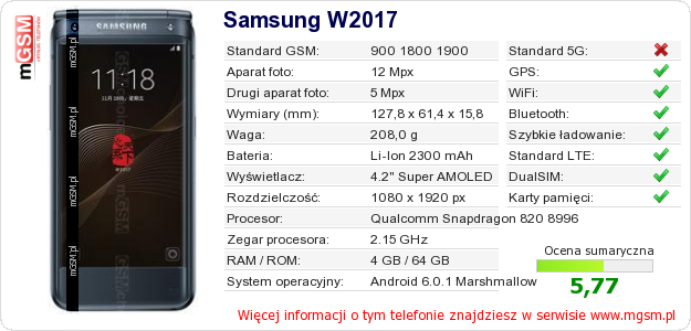 Dane telefonu Samsung W2017