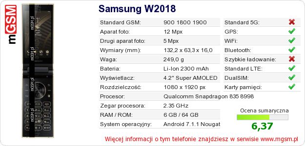 Dane telefonu Samsung W2018
