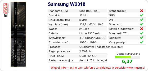 Dane telefonu Samsung W2018
