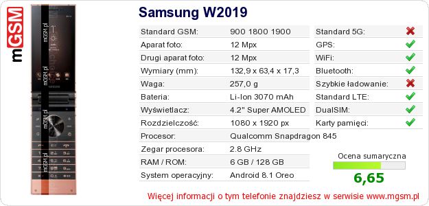 Dane telefonu Samsung W2019 Dane telefonu Samsung W2019