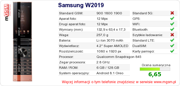 Dane telefonu Samsung W2019