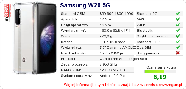 Dane telefonu Samsung W20 5G