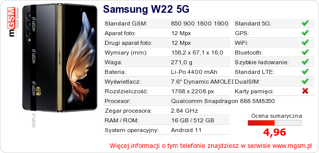 Dane telefonu Samsung W22 5G