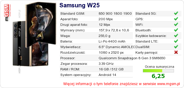Dane telefonu Samsung W25